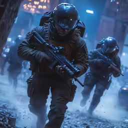 the soldiers run with their weapons through the city