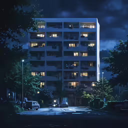 an apartment building with many windows in the night
