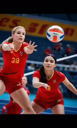 two women in red uniforms are playing volleyball