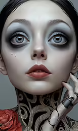 a woman with blue eyes holds a pen in her hand