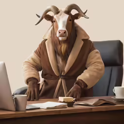 a man with a goat mask sitting at a desk in front of a laptop