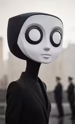 a sculpture of a person in a black suit and white hat