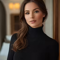 a woman posing for a photo in a black sweater
