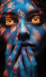 a woman with yellow eyes and orange painted skin