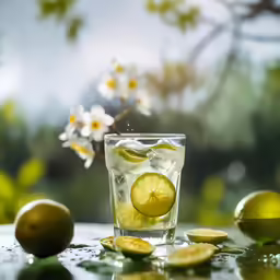 a glass filled with water sitting on top of a table