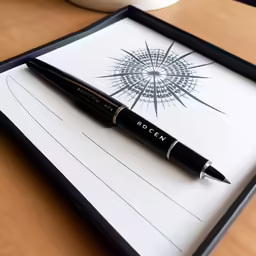 a pen and some notes on a tray