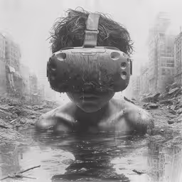 an old photograph of a person wearing a head covering,a man with a head made of wire and water in a flooded city