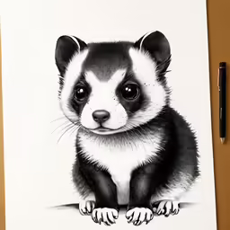 a black and white drawing of a raccoon on paper