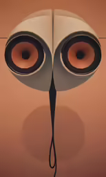 a pair of speakers mounted on top of a beige wall
