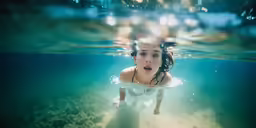 a woman in white shirt diving under water