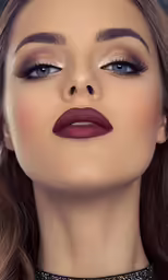 a woman with long dark red lipstick and a choker necklace