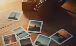 a camera and several polaroid prints on a table with a few pictures of the island