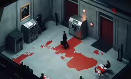 an aerial photo of people walking through an office