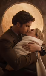 a woman hugs a man in a suit