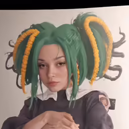 a female with green and yellow dreadlocks on her head