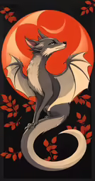 a black and white drawing of a dragon with red leaves