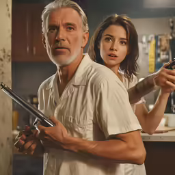 an older man holding guns while standing next to a younger woman in a kitchen