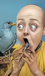 a cartoon bird perched on the head of a man