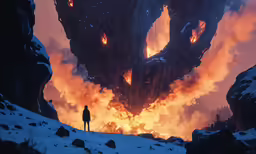 a man looking at the fire coming from two giant structures