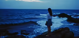 a woman stands on the rocks overlooking an ocean