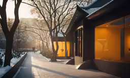 a walkway that has some windows in the back ground