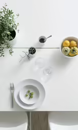 plates on a table with utensils and bowls of fruit