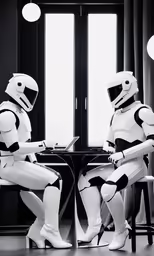 two people in storm trooper costumes are sitting at a table