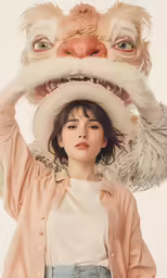 a woman poses for a magazine picture with a head in her hands