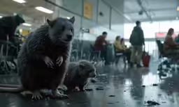 the mouse family stands inside an airport waiting for their arrival