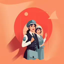 a couple in uniform holding hands near an orange circle
