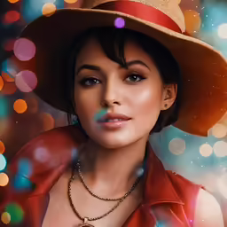 a woman with brown hair wearing a red shirt and hat