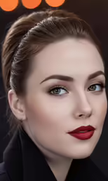 the woman is posing for a picture wearing red lipstick