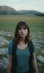 a woman standing in the middle of a green field