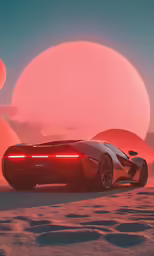an artisticly rendered futuristic car with sunset and orange balls