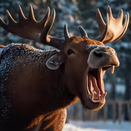 an adult moose yells while in the snow