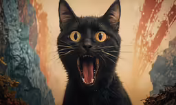 a black cat with its mouth open and yellow eyes