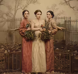 three women dressed in period dress are standing together