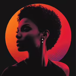 a woman in a black dress with a red background