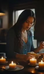 the woman is sitting down eating cake and drinking