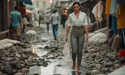 a woman walks down the street holding an umbrella