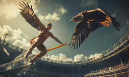 a woman is running through the stadium with her hawk