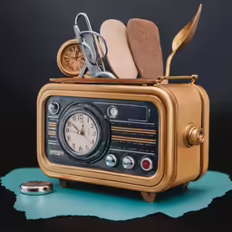 an old fashioned toaster with a clock and other objects in it