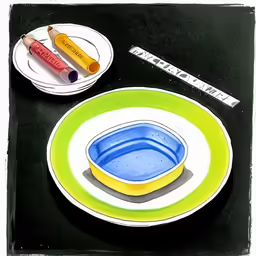 two colored crayons sitting on a table with bowls and pens