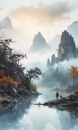 a painting of two people walking on a rock shore near a river