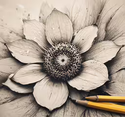 a picture with two yellow pencils on it, and a photo of a flower,two yellow pencils lie next to a large flower