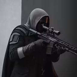 a man in a hooded - necked suit and hood holds a machine gun