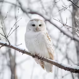 an owl is perched on the branch in the snow