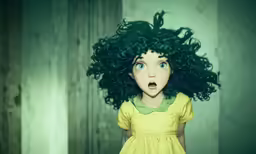 a doll with dark hair is posed in front of a door