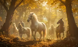 several horses are running together in a forest