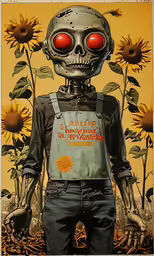 a skeleton in overalls is looking at the camera